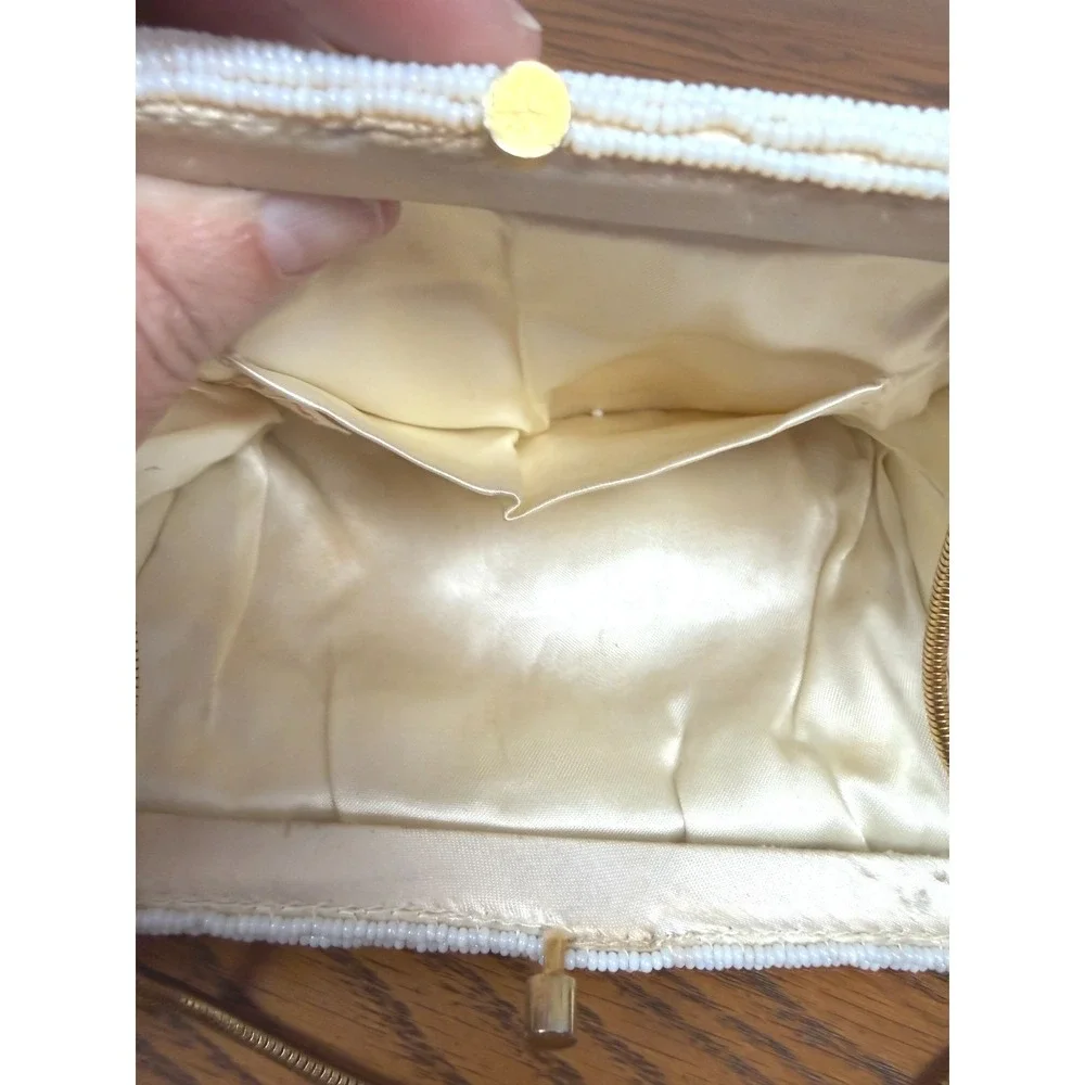 Vintage La Regale Beaded Chevron Evening Bag Cream Gold Chain Clutch Hong Kong